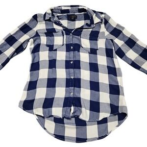 Tinsel Plaid Button Up Shirt Small Navy Blue White Lightweight Casual Minimalist